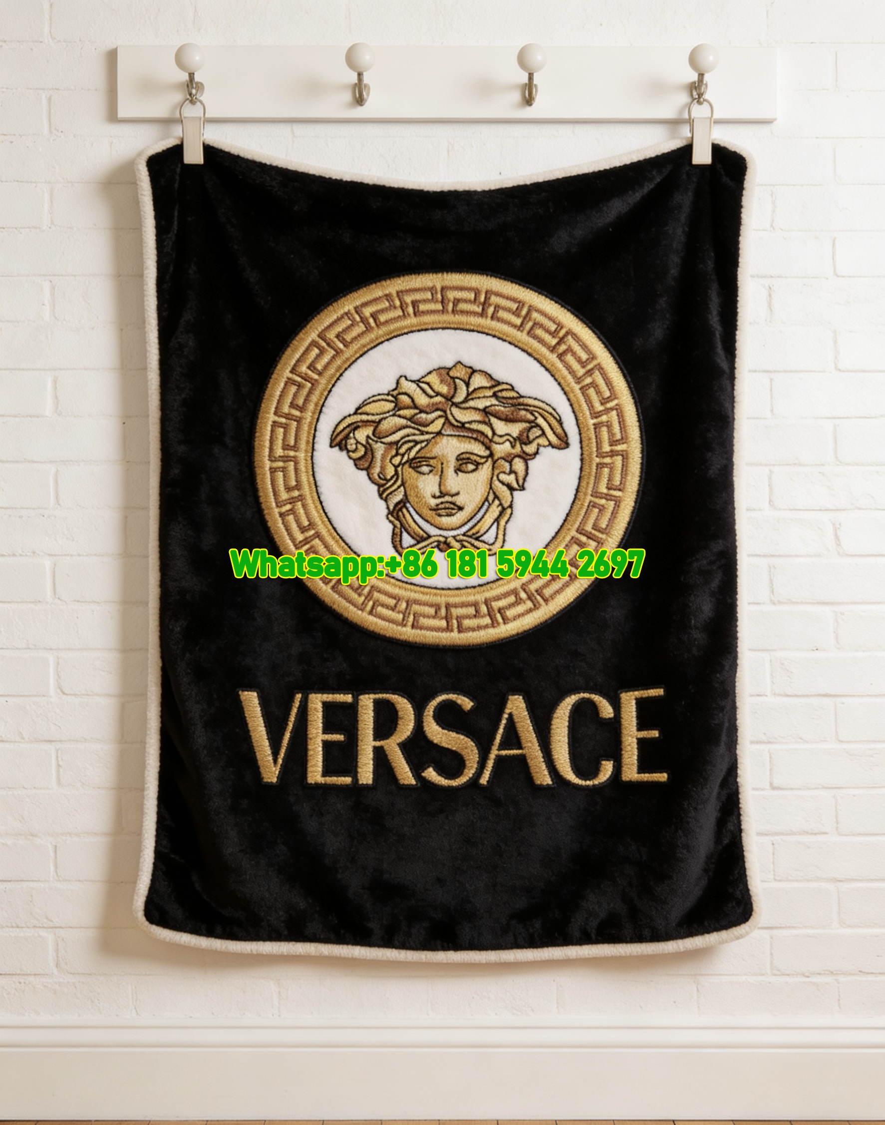 Versace Black Gold Medusa Greek Key Embroidered Style Printed Flannel Throw Blanket IMG_1270